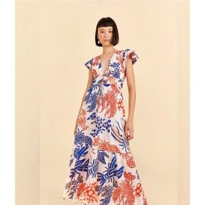 Farm Rio Mixed Lobsters Printed Cotton Maxi Dress Red White Blue V Neck XL